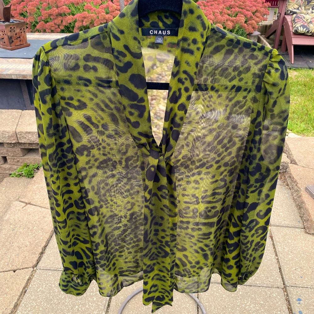 Chaus Olive and Black Leopard Blouse with Scarf Ties 10